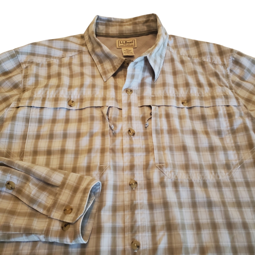 L.L. Bean Men's Shirt Fishing Tan Plaid Roll Tab Utility Pockets Stretch L